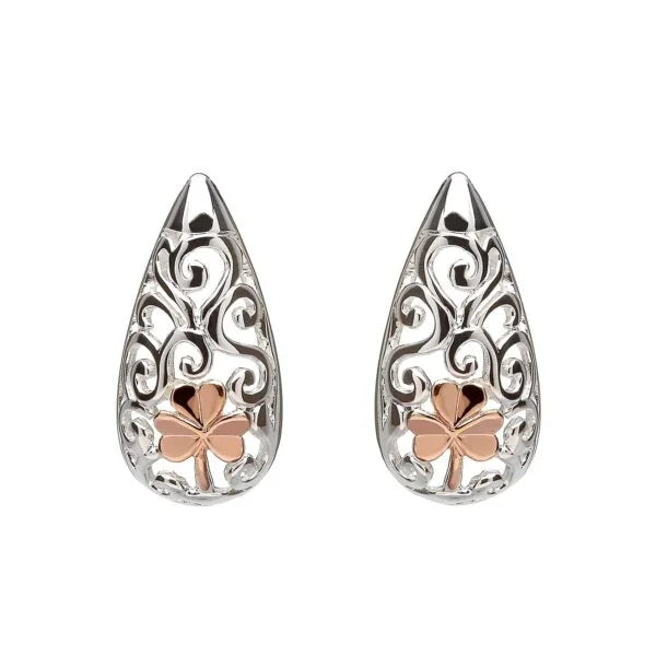 Celtic Rose Gold Shamrock Earrings – Sterling Silver & Rare Irish Gold