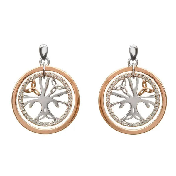 Celtic Tree of Life Earrings made Sterling Silver, Irish Rose Gold Cubic Zirconia