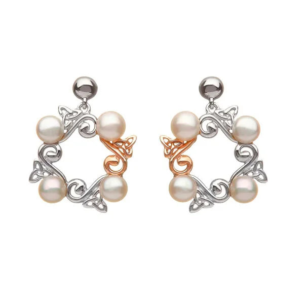 Celtic Pearl Earrings with Irish Gold Trinity Knots