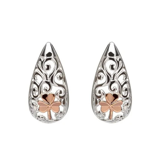 Celtic Rose Gold Shamrock Earrings – Sterling Silver & Rare Irish Gold