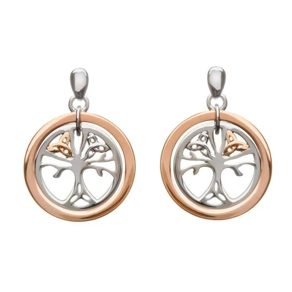 Celtic Tree of Life Earrings Sterling Silver & Rare Irish Rose Gold