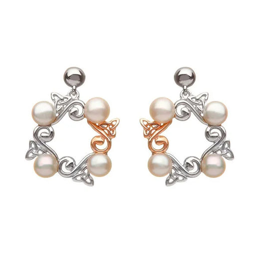 Celtic Pearl Earrings with Irish Gold Trinity Knots