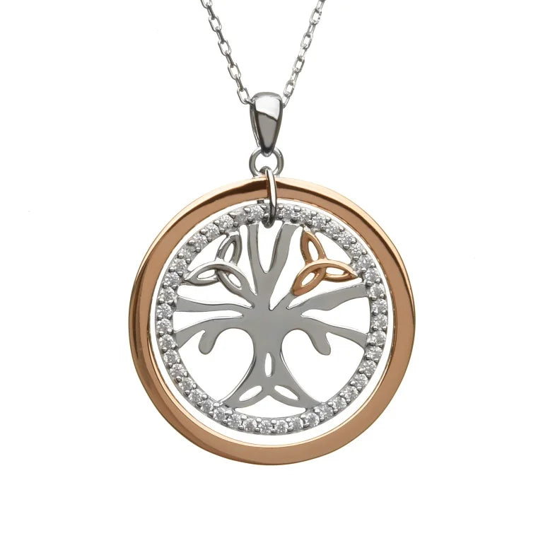 Sterling Silver & Irish Rose Gold Celtic Tree of Life Cubic Zirconia Pendant