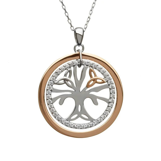 Sterling Silver & Irish Rose Gold Celtic Tree of Life Cubic Zirconia Pendant