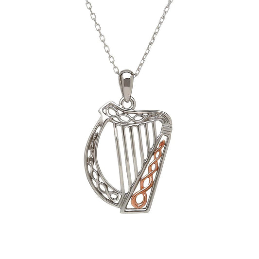Irish Harp Pendant Sterling Silver & Rare Irish Rose Gold