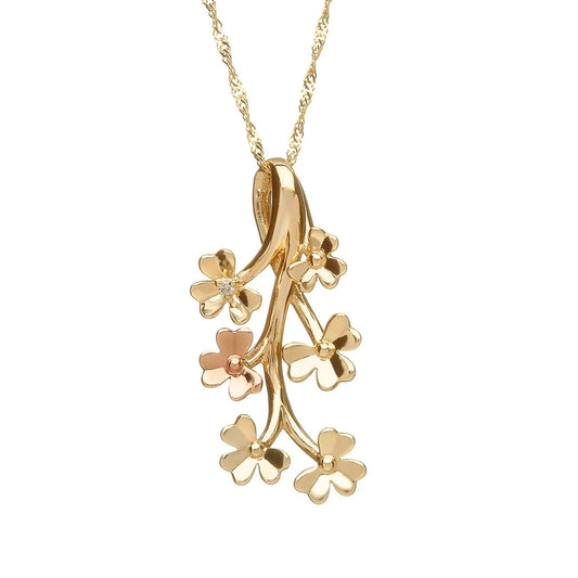 Love Shamrock Spray Pendant with Solid Yellow Gold & Irish Rose Gold
