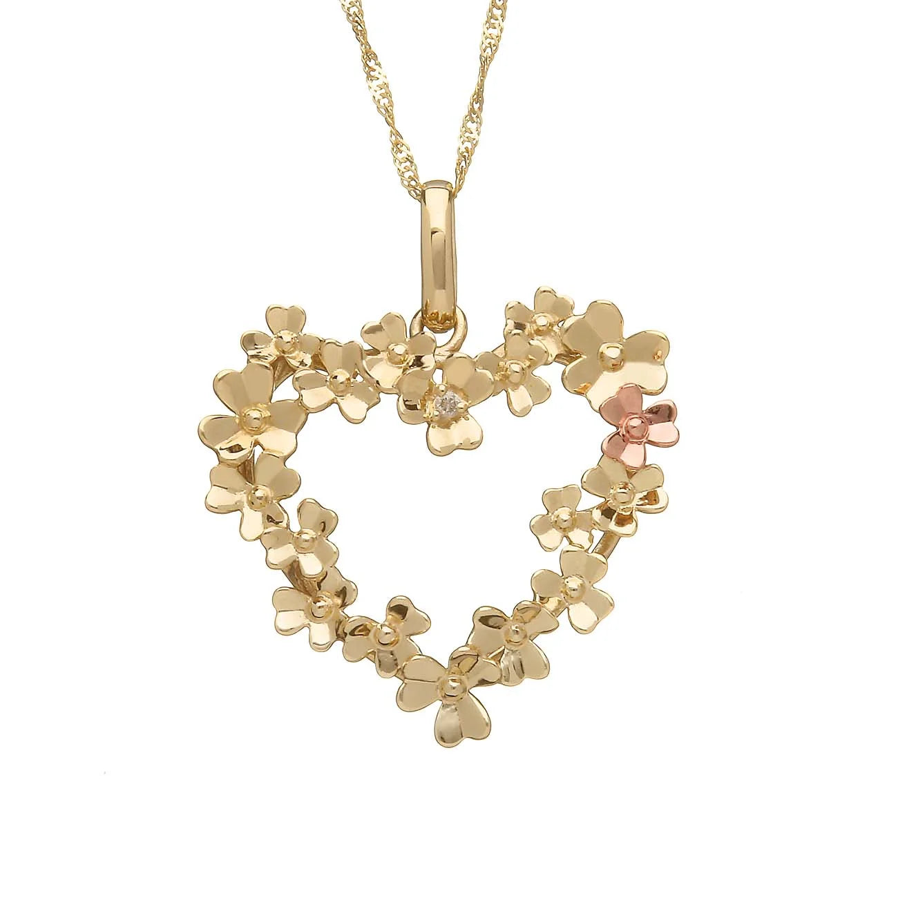 Love Shamrock Heart Pendant with Solid Gold, Irish Gold and Diamond