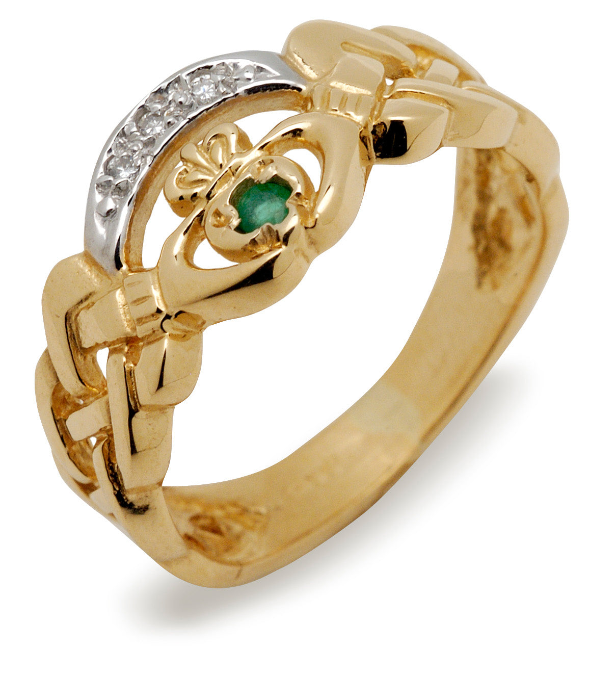 14kt Gold Emerald Claddagh Ring with Diamond Detail
